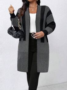 Plus Size Colorblock Patchwork Mid-Length Casual Cardigan, For Autumn/Winter Fall Cloth For Women - Multicolor - View 4