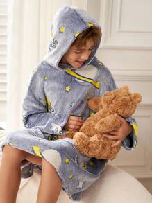 SHEIN 青少年男孩宇航员和星球图案连帽长袖袋鼠口袋毛绒长睡衣秋冬季 - 彩色 - 查看 2