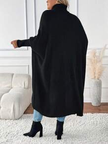 秋冬大码不对称下摆高领口袋针织连衣裙 - 黑色 - 查看 2