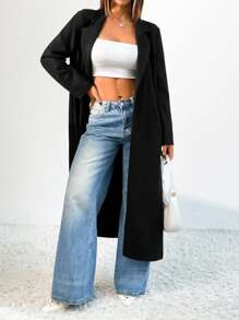 Chiquease 1 件女式宽松黑色长款绒面革外套，高端休闲外套 - 黑色 - 查看 4