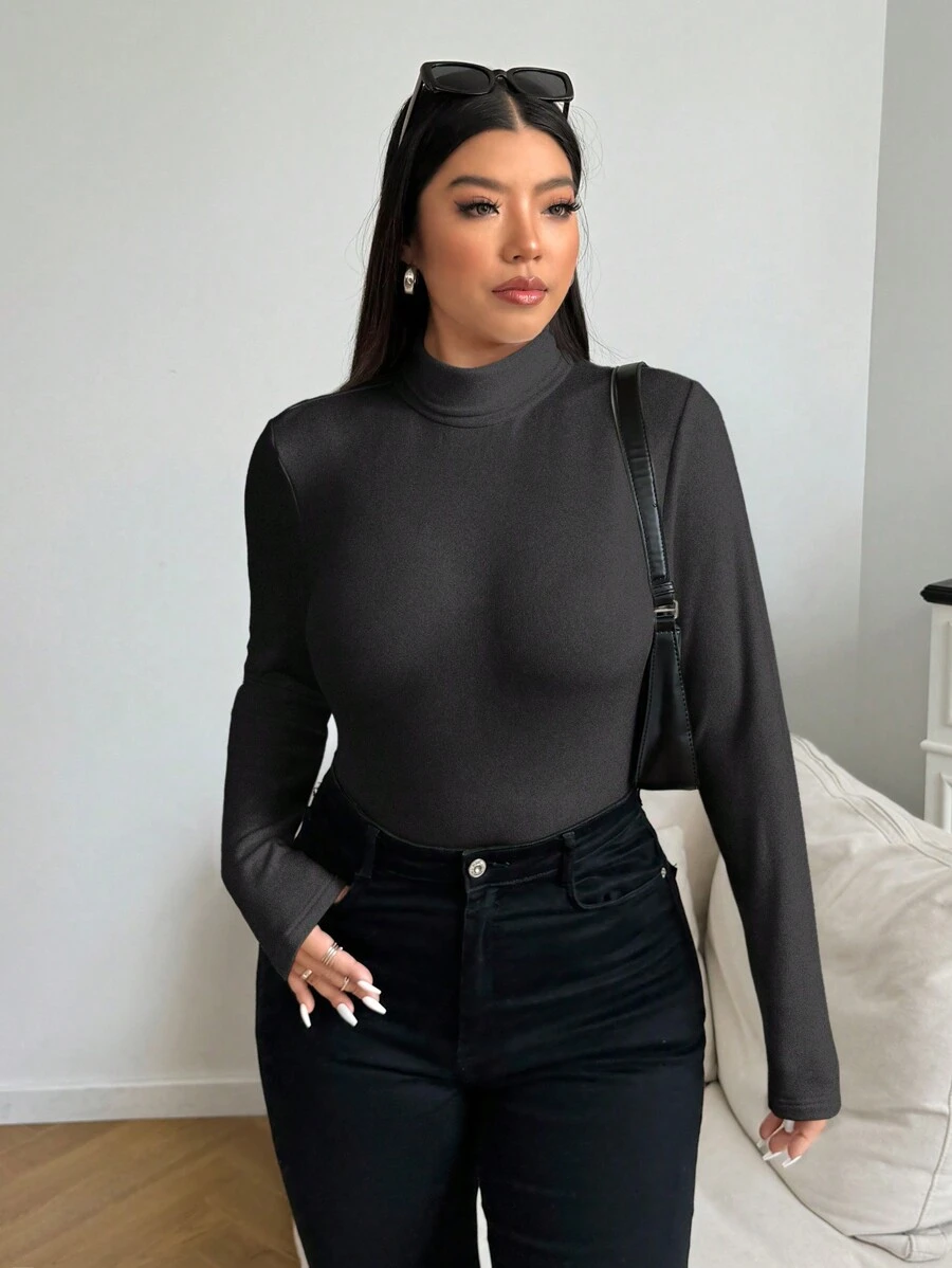 SHEIN EZwear 大码女式纯色高领长袖休闲 T 恤，秋季