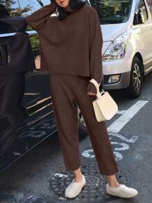 SHEIN Unity 2pcs Women's Solid Color Turtleneck Long Sleeve Sweater And Long Pants Casual Set, Autumn/Winter