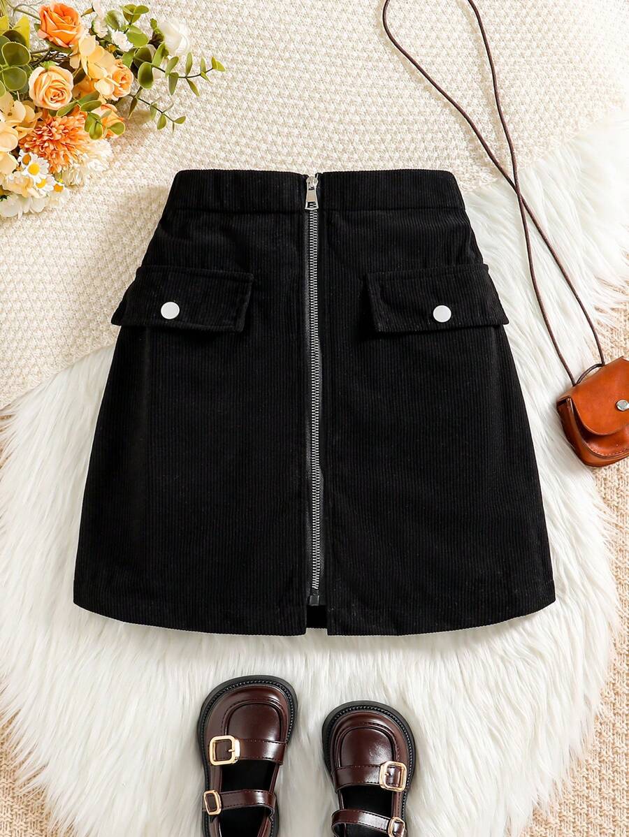 Tween Girl 灯芯绒银色拉链开合口袋休闲 A 字裙