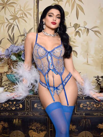 3pcs Sexy Lingerie Set For Women: Sheer Lace Garter Belt, G-String Panty