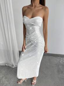 Aloruh 女士亮片装饰交叉胸围性感派对圣诞长裙 - 白色 - 查看 6