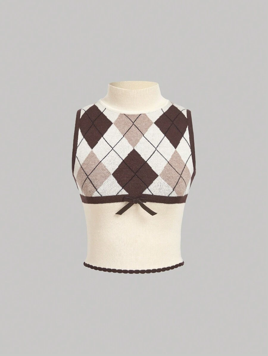 SHEIN MOD 小立领格子撞色上衣，开学季服装，羊毛上衣，秋季上衣，可爱羊毛背心 - 棕色 - 查看 1