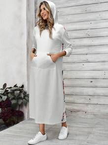 EMERY ROSE Women's Floral Print Pocket Long Sleeve Casual Hooded Sweatshirt Dress - White - View 4