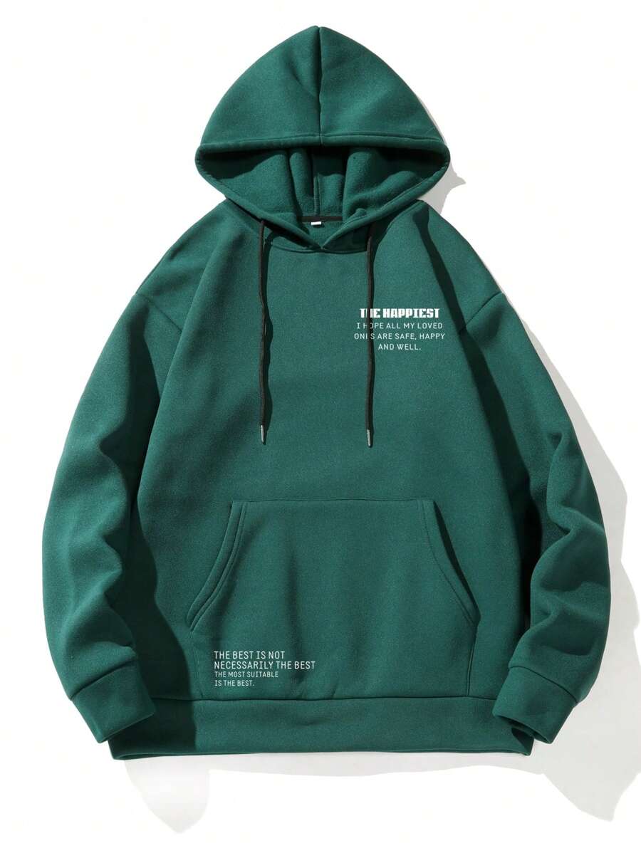 Manfinity Homme Men's Casual Letter Print Hoodie With Drawstring, Suitable For Autumn - Green - View 1