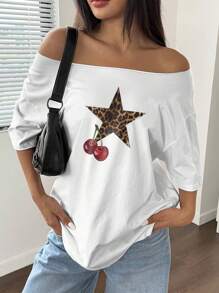 Flirla Women Casual Oblique Shoulder Loose T-Shirt With Leopard Print & Star Graphic, Y2K Style Graphic Cheetah Print Tees Women Tops - White - View 3