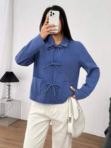 SHEIN EZwear Casual Woven Turndown Collar Long Sleeve Washed Women Shirt - Blue - View 5