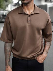 Manfinity Homme Men Fall Coffee-Brown Basic Fashion Versatile Collar Polo Shirt, For Husband, For Going Out - Coffee Brown - View 4