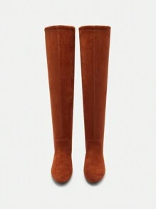 CUCCOO CURVES 2024 Autumn Fall Winter New Wide Fit Retro British Style Chunky Heel Mid-Calf Boots, Front Lace Up High Heel Fashion Women Boots For Christmas And New Year Holiday Vibe Fall And Winter - Brown - View 4