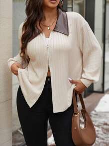 SHEIN Frenchy Plus Size Casual Barnfit PU Patchwork Turndown Collar Zipper Jacket