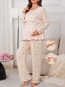 Maternity 2pcs Cherry Print Nursing Design Pajamas Set With Contrasting Lettuce Trim , Cozy And Elegant Details, Clothes, Fall & Winter