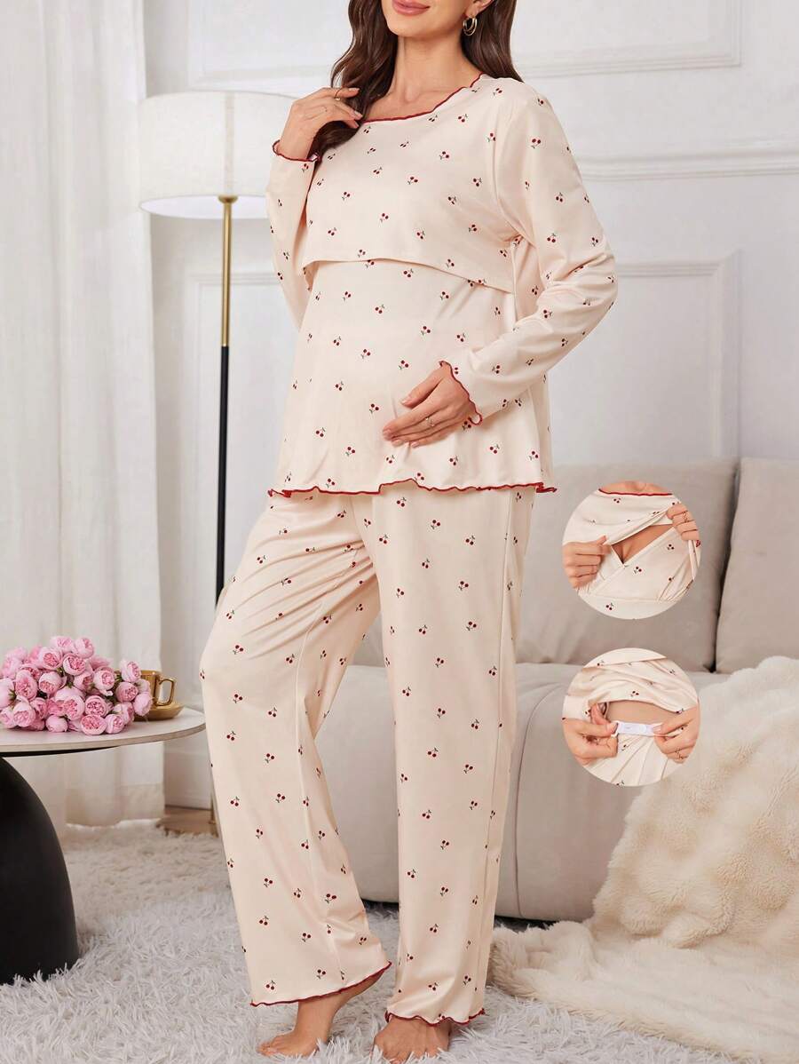 Maternity 2pcs Cherry Print Nursing Design Pajamas Set With Contrasting Lettuce Trim , Cozy And Elegant Details, Clothes, Fall & Winter