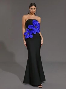 Glamrae Elegantes schwarzes trägerlose Kleid mit hoher Taille, figurbetonter Meerjungfrauenform und Blumen Dekor, elastisches Bandagendesign, für Dates, Single-Partys, Hochzeiten, festliche Abendveranstaltungen - Verschiedenfarbig - Übersicht 8