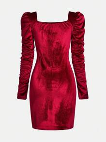 Christmas Elegant Luxurious Party Square Neck Lantern Sleeve Red Velvet Mini Dress, Suitable For Teenage Girls Christmas Party - Burgundy - View 2