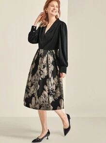 SHEIN Clasi Women Casual Elegant V-Neck Solid Color Patchwork Hemline Jacquard Plus Size Knee-Length Dress, Autumn - Black - View 4