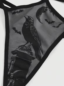 ROMWE Goth 3pcs/Set Bat, Spider And Crow Print Reversible Waistband G-String Panties - Black - View 10