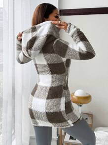 SHEIN EZwear Plaid & Fluffy Trim Zip Front Hoodie Jacket, Ladies Casual