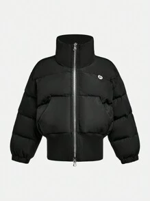 SHEIN Girls' Black Line Pattern Warm Fluffy Cute Jacket, Suitable For School, Street, Outdoor, Home, Sports, Fashion Athletic Wear - Black - View 1