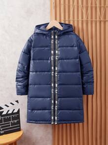 SHEIN Leap Crew Tween Boy Two-Tone Letter Ribbon Long Padded Coat, Warm For Winter - Navy Blue - View 5