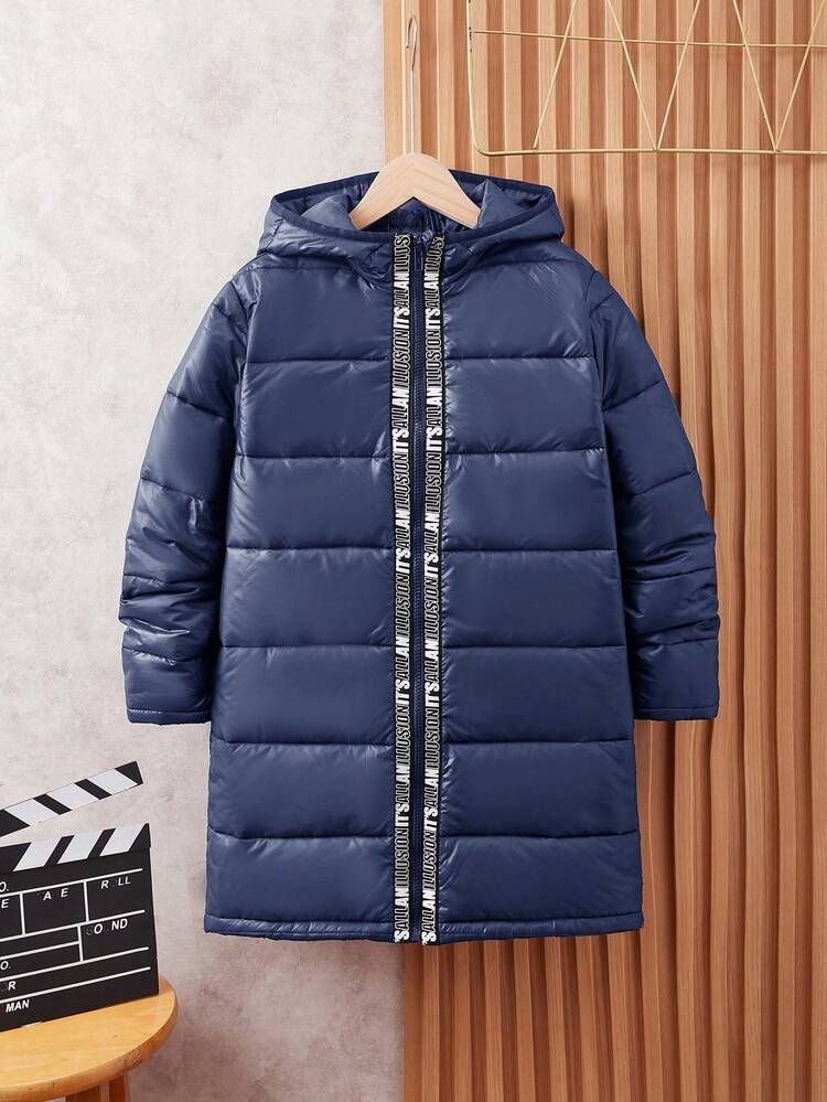 SHEIN Leap Crew Tween Boy Two-Tone Letter Ribbon Long Padded Coat, Warm For Winter - Navy Blue - View 5