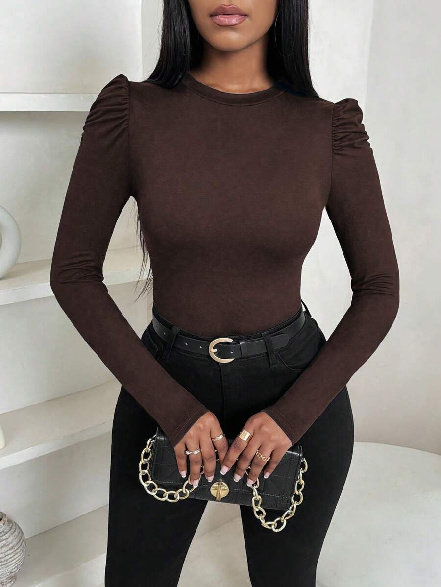 VaVaBold 女士圆领泡泡袖女士优雅修身长袖T恤秋冬季女装打底T恤 - 棕色 - 查看 1