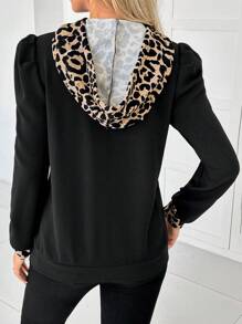 SHEIN Solid Color Block Leopard Print Drawstring Hooded Maternity Long Sleeve Sweatshirt, Minimalist And Comfortable, For Winter - Black - View 3
