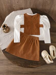 SHEIN 3pcs Baby Girl Knit Solid Color Turtleneck Fitted Top With Princess Sleeves, Corduroy Sleeveless Vest And Corduroy A-Line Skirt Set, Suitable For Parties
