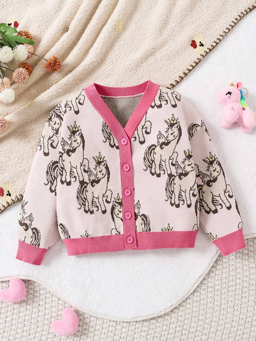 Kleine Mädchen Süße Cartoon Einhorn Rundum-Muster Jacquard Kontrastbesatz Strickjacke, geeignet für Ausgänge, Fotoshootings, Veranstaltungen - Verschiedenfarbig - Übersicht 1