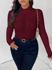 SHEIN Frenchy Plus Size Casual Cable Knit Textured Slim Fit Turtleneck Sweater, Winter - Burgundy - View 1