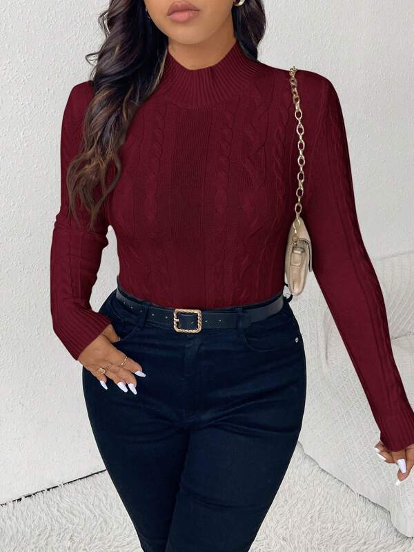SHEIN Frenchy Plus Size Casual Cable Knit Textured Slim Fit Turtleneck Sweater, Winter