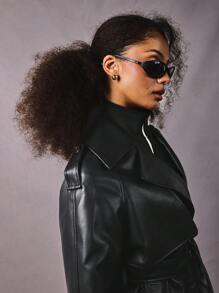 Athîral Women's Fashionable Solid Black Color Faux Leather PU Trench Coat, Fall Season - Black - View 4