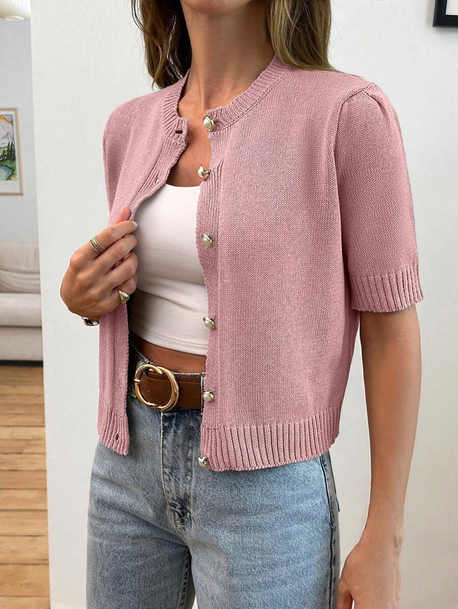 EURMUSE Gold Button Short Sleeve Elegant Cardigan - Pink - View 1