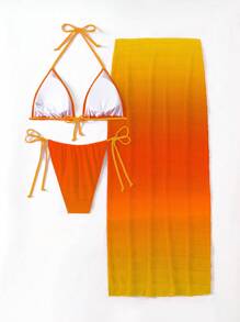 Swim SXY Set de 3 piezas de bikini de mujer con estampado de degradado, escote halter y falda pareo para vacaciones de verano