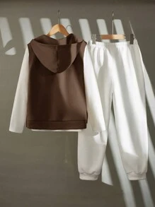 SHEIN Bộ 3 món Tween Boy: Áo phông siêu lớn, Áo phông dài tay & Quần nỉ, Thích hợp cho Chạy bộ, Đi làm, Đi học, Thường ngày, Kỳ nghỉ, Thể thao, Thu/Đông - màu nâu - Xem 7