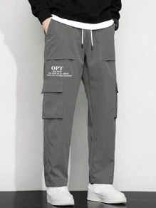 Manfinity Hypemode Loose Fit Men's Slogan Graphic Flap Pocket Side Drawstring Waist Cargo Pants - Dark Grey - View 7
