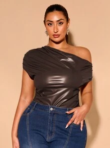 SHEIN BAE 加大码秋季优雅性感女式红色 PU 皮革不对称单肩褶皱紧身衣，适合万圣节派对和夜间约会露肩 - 咖啡棕 - 查看 6