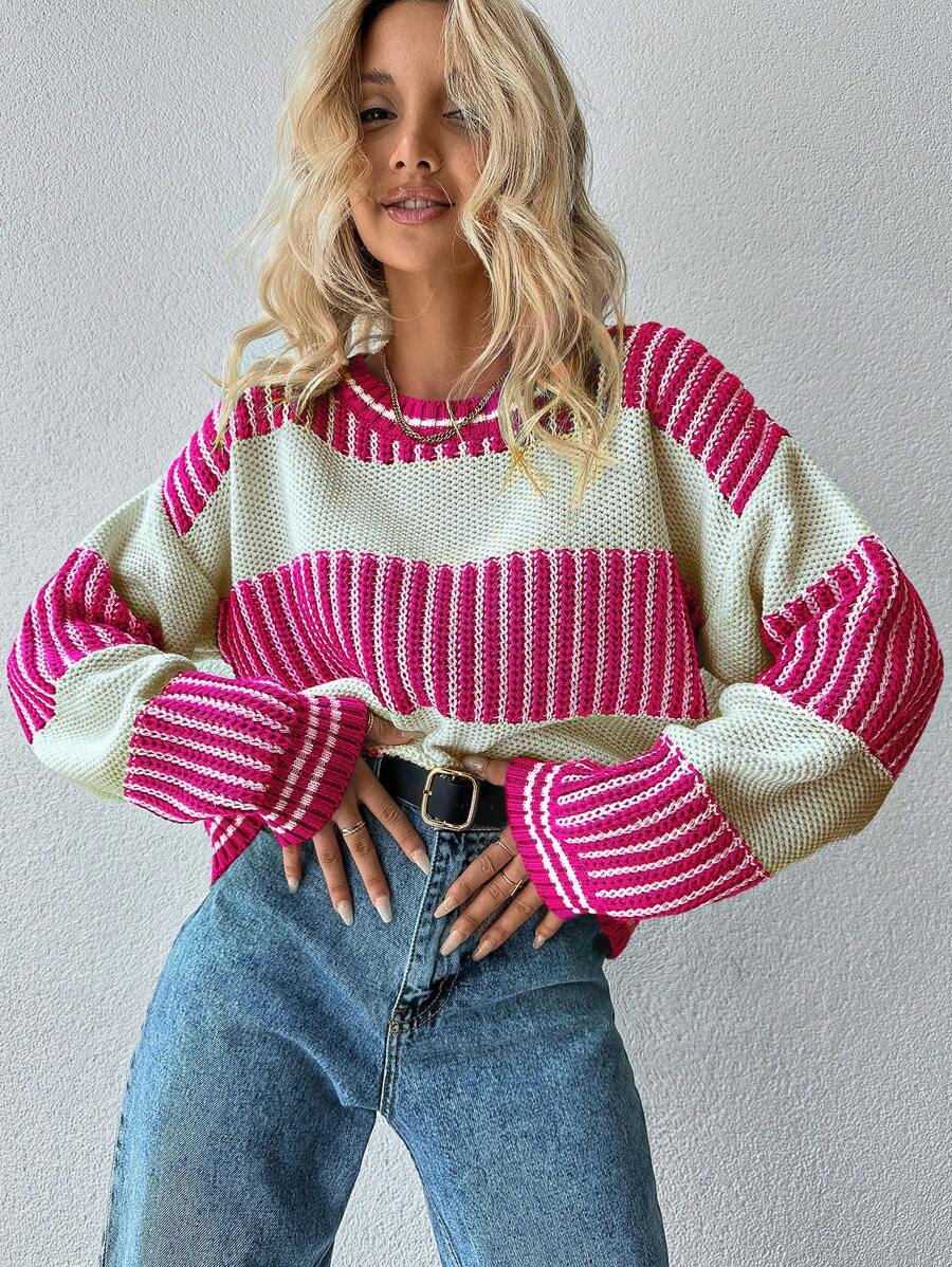 EURMUSE Jersey con patrón de rayas de hombros caídos - Rosa coral - Ver 1