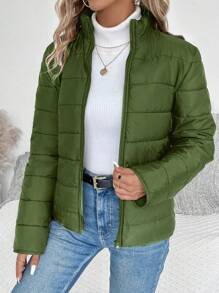SHEIN LUNE 1 件装女士纯色前拉链长袖休闲加厚棉服外套冬季 - 軍綠色 - 查看 1