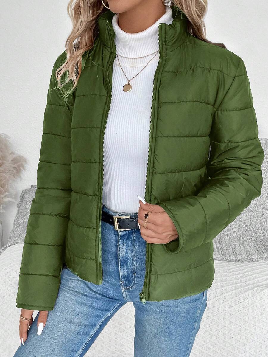 SHEIN LUNE 1 件装女士纯色前拉链长袖休闲加厚棉服外套冬季 - 軍綠色 - 查看 1