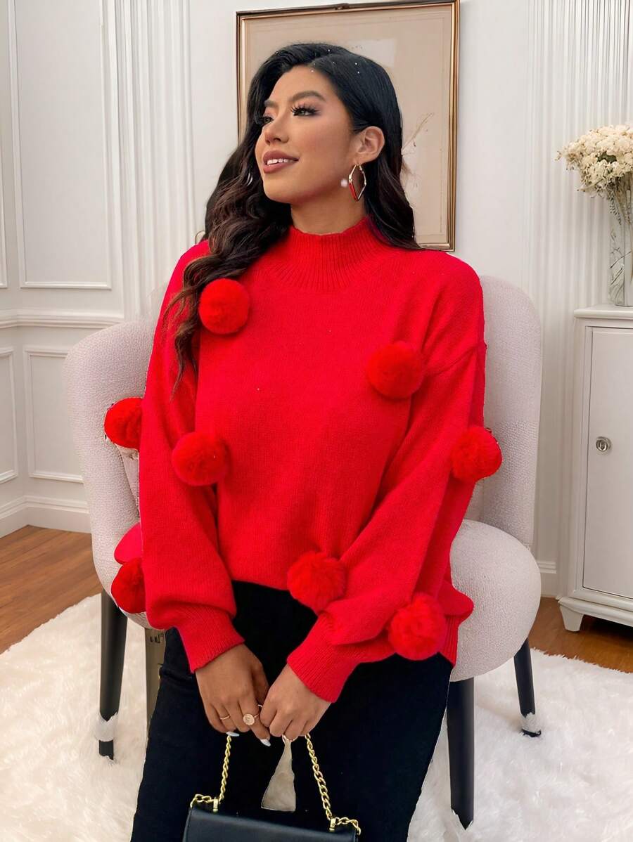 Calvaya Áo len nữ cỡ lớn dáng rộng, cổ đứng, tay phồng, thoải mái, phối họa tiết quả cầu bông, thích hợp mặc mùa thu/đông. - Đỏ - Xem 1