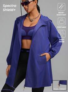 Innovista 女士纯色连帽全拉链常规夹克，户外外套 - 藍色 - 查看 7