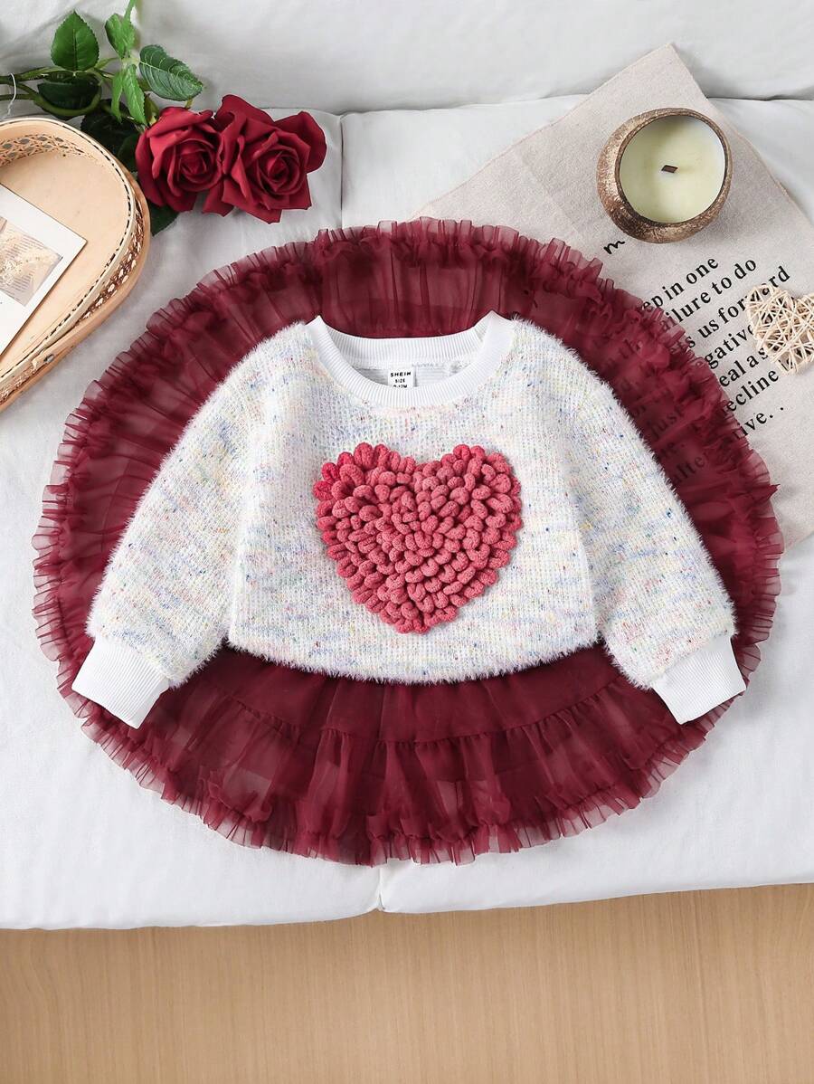 SHEIN 2 件套女婴服装套装：心形图案针织毛衣 + 网眼芭蕾短裙 - 酒紅色 - 查看 1