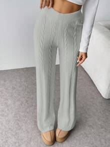 SHEIN Privé 女式扭纹针织阔腿冬裤 - 灰色 - 查看 6