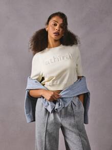 Athîral Women Casual Minimalist Solid Color Letter Pattern Short Sleeve Knit Top - Cream - View 1