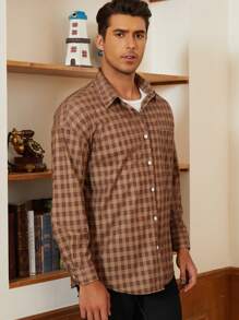 Manfinity Dauomo Áo sơ mi kẻ caro dài tay vải nhung kẻ caro cho nam - Cà phê nâu - Xem 3