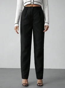SHEIN Tall 休闲通勤简约高腰黑色裤子 - 黑色 - 查看 4