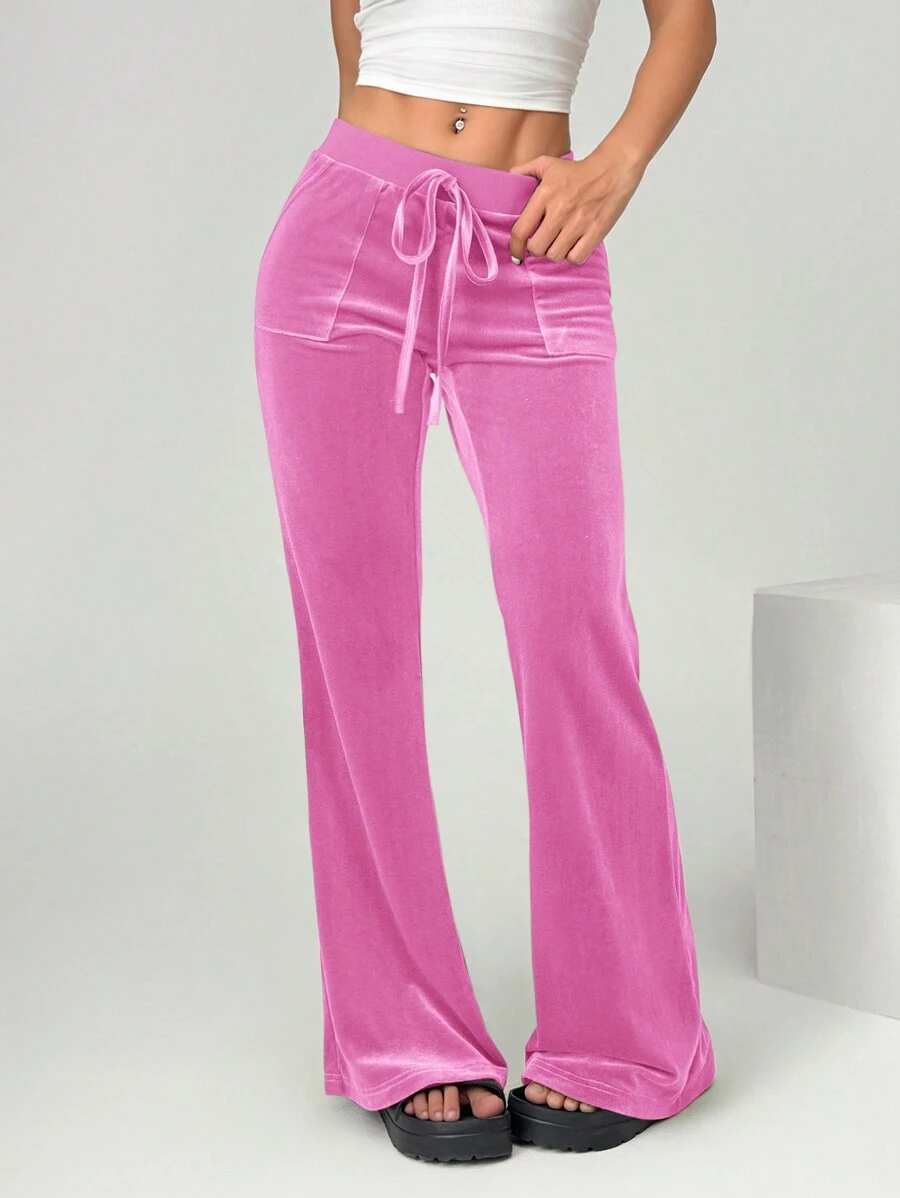 SHEIN EZwear Quần ống loe buộc eo nhung hồng cho nữ - Hồng - Xem 1